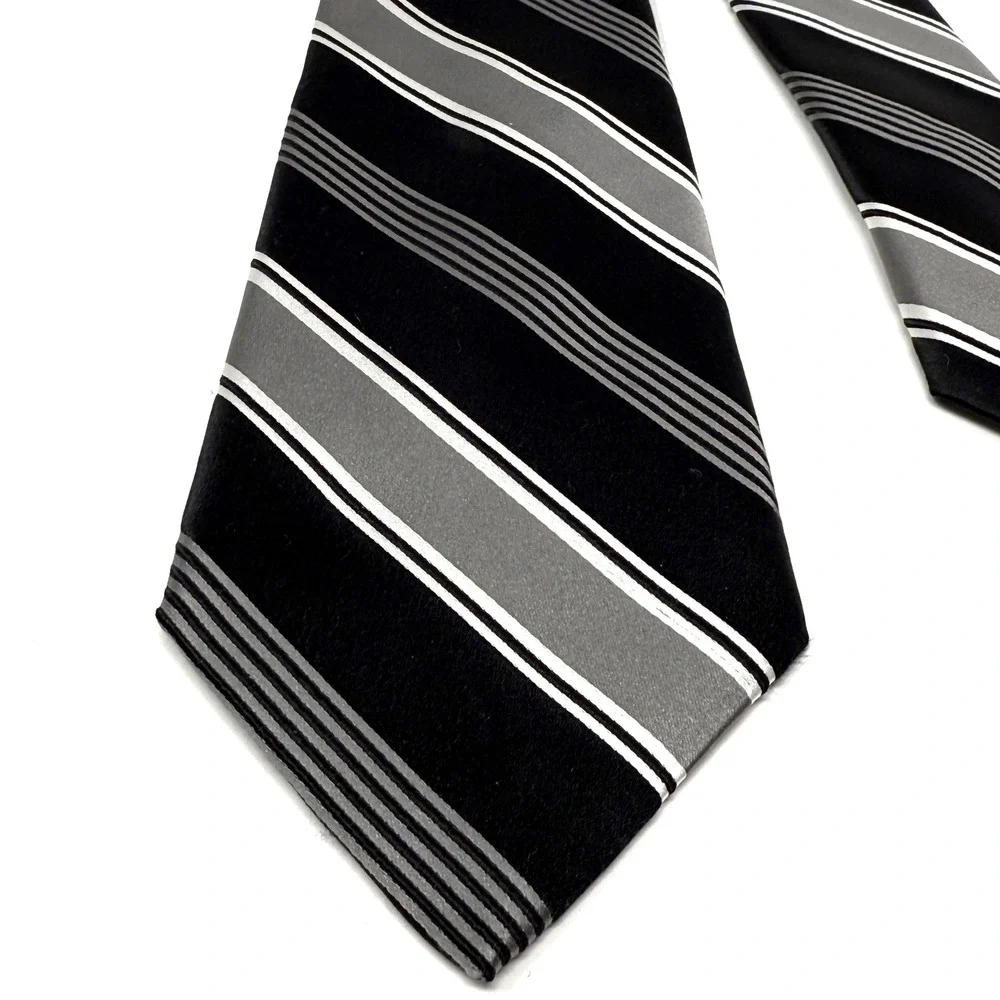 Valentino Repp Striped Silk Tie Black Gray White Tie 3.25